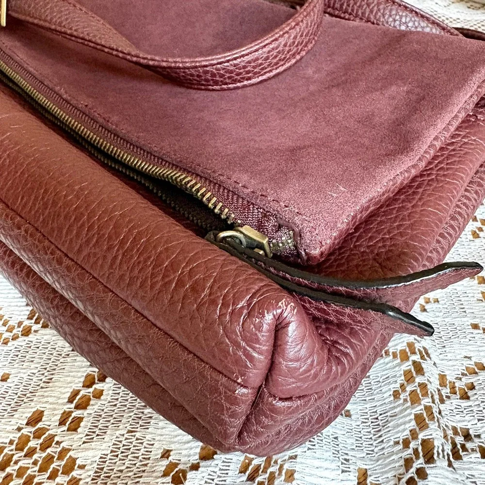 Tignanello Burgundy Pebbled Leather Suede Double Foldover Crossbody Shoulder Bag - Picture 16 of 16